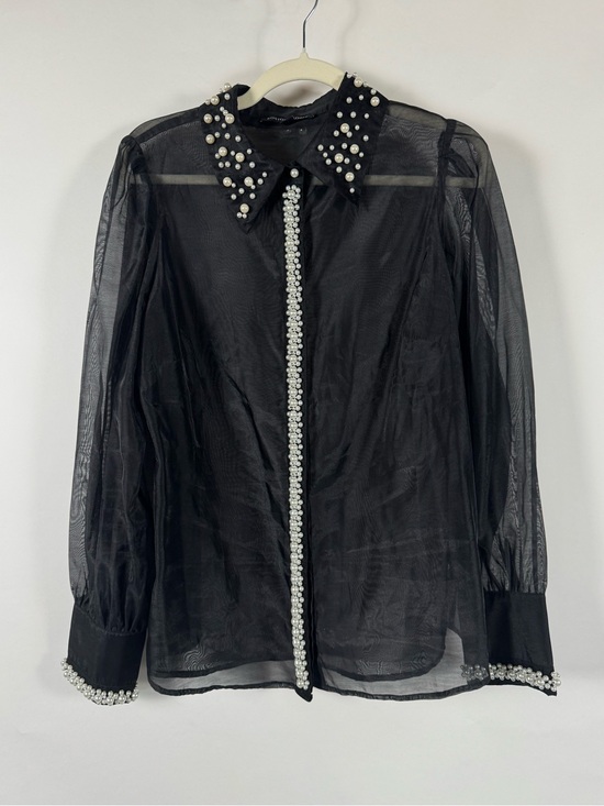 Boston Proper Tops - Boston Proper Black Sheer Pearl Embellished Button Down Blouse LG Goth Romantic
